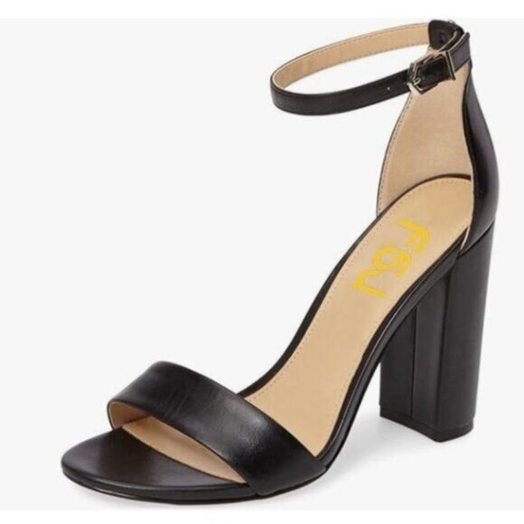 FSJ Black Chunky High Heel Sandals Open Toe Ankle Strap Single Band Dress Shoe - Picture 1 of 8
